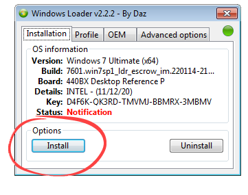 Запуск процесса активации Windows Loader