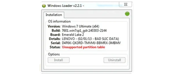 Ошибка "Unsupported partition table" при попытке активировать Windows 7, свидетельствующая о некорректной структуре разделов на диске.